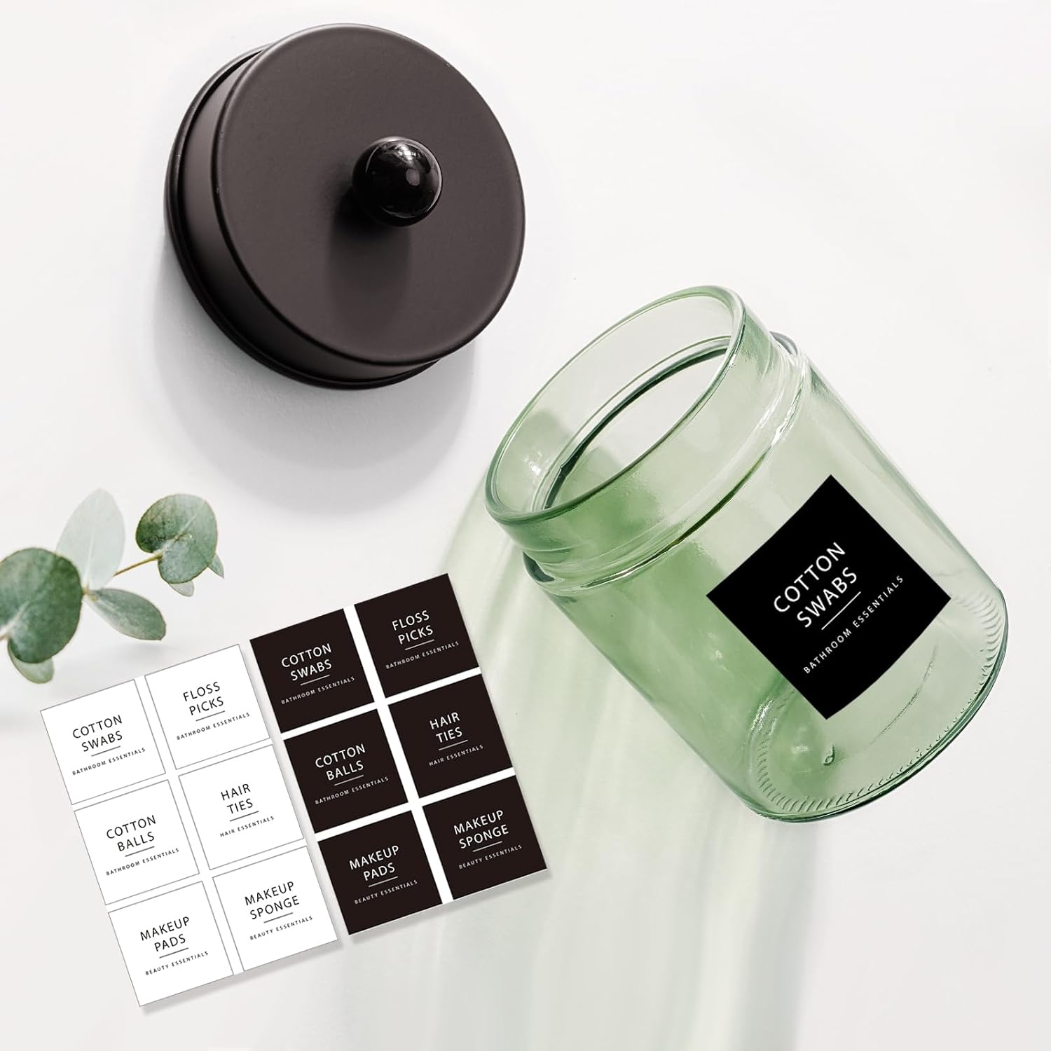 Amolliar Sage Green Qtip Holder, Glass ApothecaryJar Metal Lid & Stickers, Bathroom Qtip Holder Storage Canister, Farmhouse Decor for Cotton Balls, Swabs, Makeup Pads, Bath Salt, Floss, Bronze 2 Pack