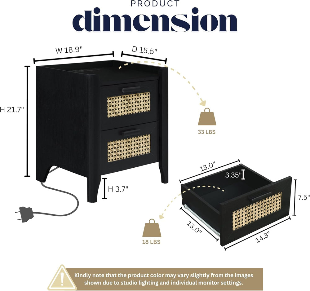 ELISA HOME Rattan-Inspired 2 Drawer Nightstand with Charging Station, Bedside...