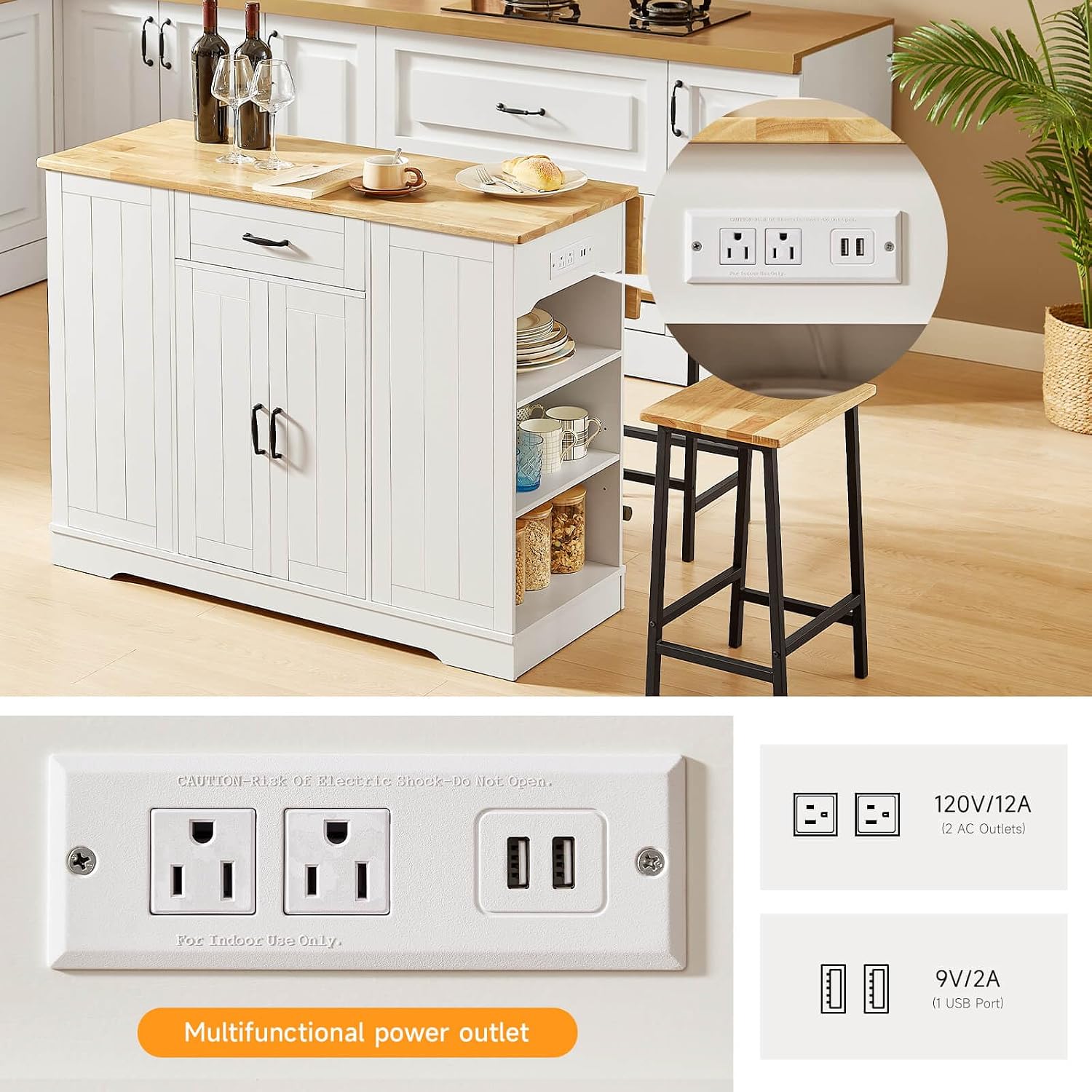 ONBRILL Stationary Kitchen Islands Include 2 Chairs, 47" Kitchen Island with Drop Leaf, Home Bar Table with Spice Rack & with Trash Cabinet, Island Table for Dining Room with Power Outlet, White
