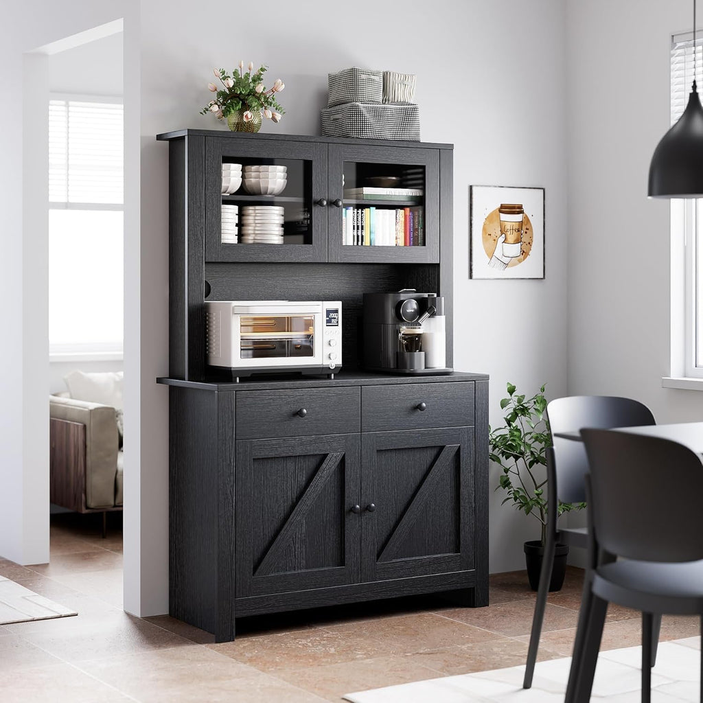 Kitchen Storage Cabinet, Pantry Cabinet with Microwave Stand & Coffee Bar, Freestanding Storage Hutch with 4 Doors & Adjustable Shelves, Multi-Functional Organizer for Kitchen, Dining Room, Black