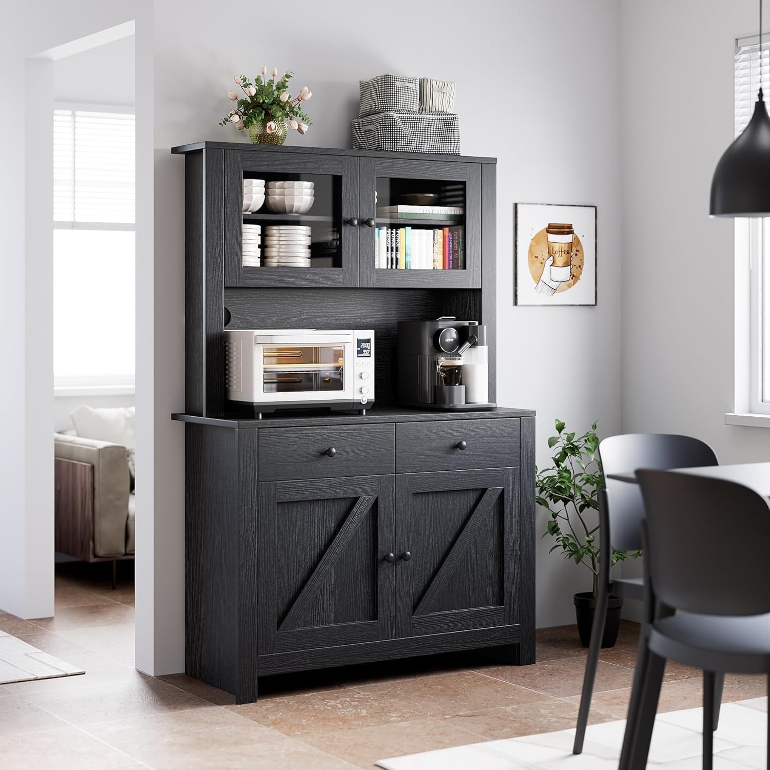 Kitchen Storage Cabinet, Pantry Cabinet with Microwave Stand & Coffee Bar, Freestanding Storage Hutch with 4 Doors & Adjustable Shelves, Multi-Functional Organizer for Kitchen, Dining Room, Black