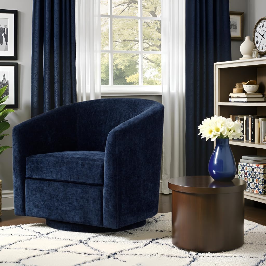 Zihanhome Chenille Swivel Accent Chair, Living Room Chairs, No Assembly Upholstered Armchair, 360°Rotating Barrel Chair for Bedroom, Apartment & Reading Nook (1, Dark Blue)