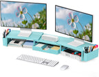 OPNICE Desk Organizers and Accessories, Dual Monitor Stand Riser with Drawer and 2 Pen Holders, Desk Shelf Metal Computer Monitor Stand for Office Workspace Organizers, Desktop Organization (Blue)