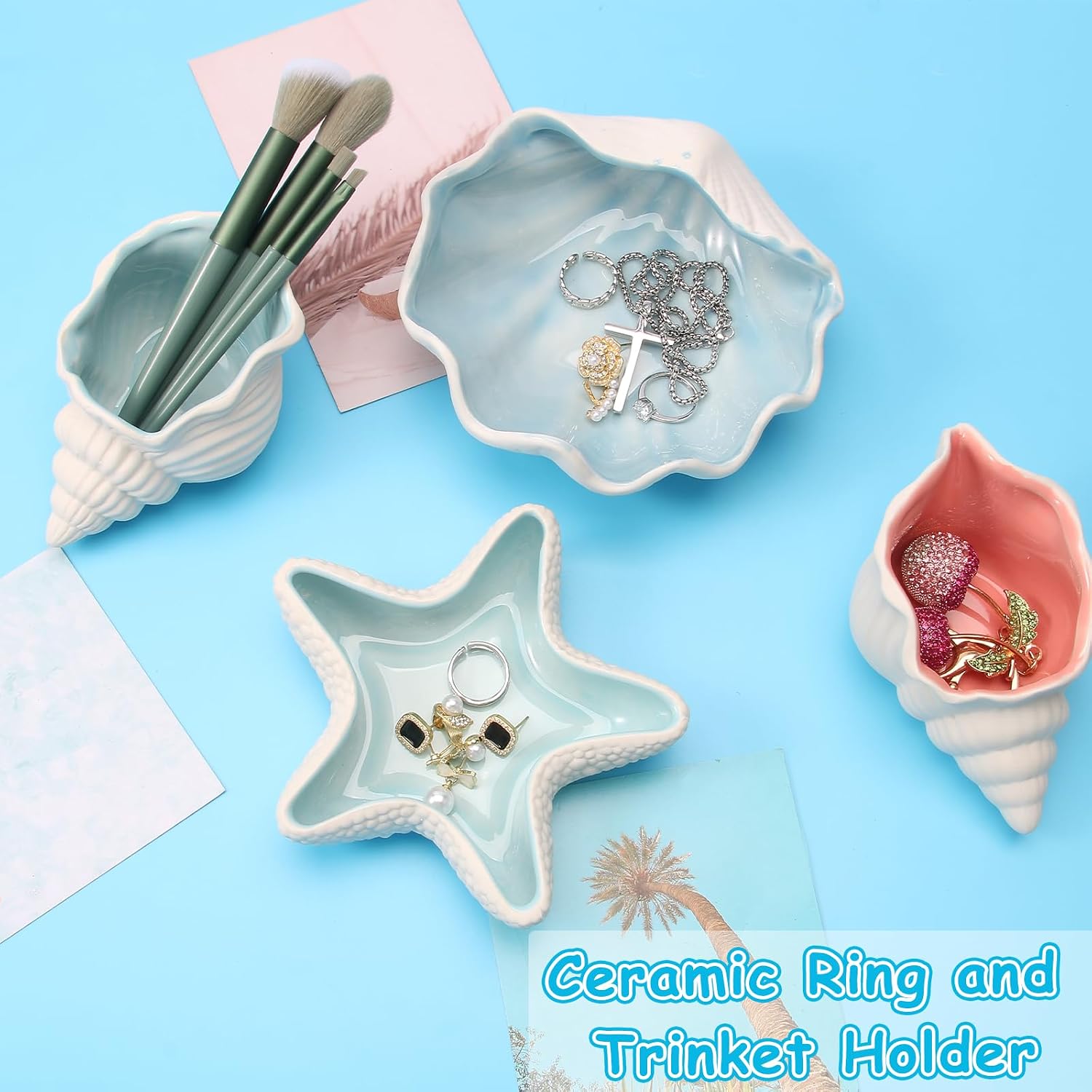 Jewelry Dish Tray For Coastal Beach Room Decor,Cute Ceramic Ring Holder Gift For Women Sister Mom Friend ,Decorative Trinket Jewelry Organizer Tray For Rings Earrings Necklaces ets (Blue conch)