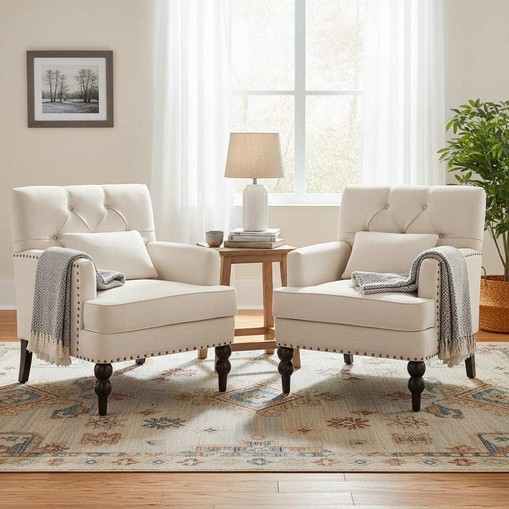 HUIMO Accent Chair, Tufted Upholstered Club Chair, Beige | Upholstered Fabric...