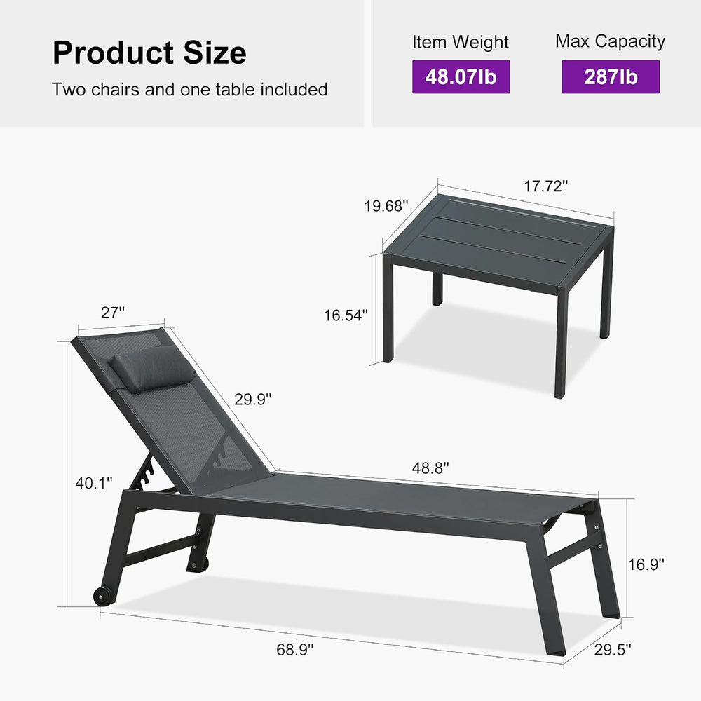 PURPLE LEAF Outdoor Oversized Lounge Chair Set of 3 Pool Lounger Patio Chaise...