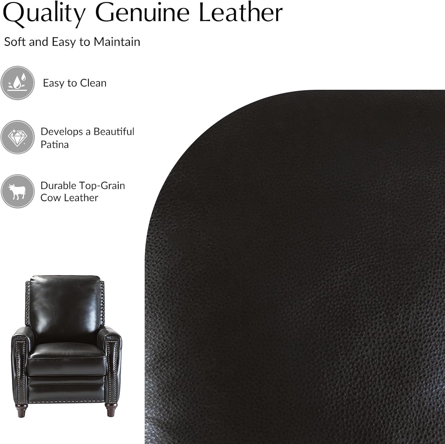 HULALA HOME Genuine Leather Manual Recliners Set of 2 with Wood Legs, Black | Mid Century Modern Push Back Recliner with Nailhead Trim, Adjustable Backrest & Footrest, for Living Room Home Theater