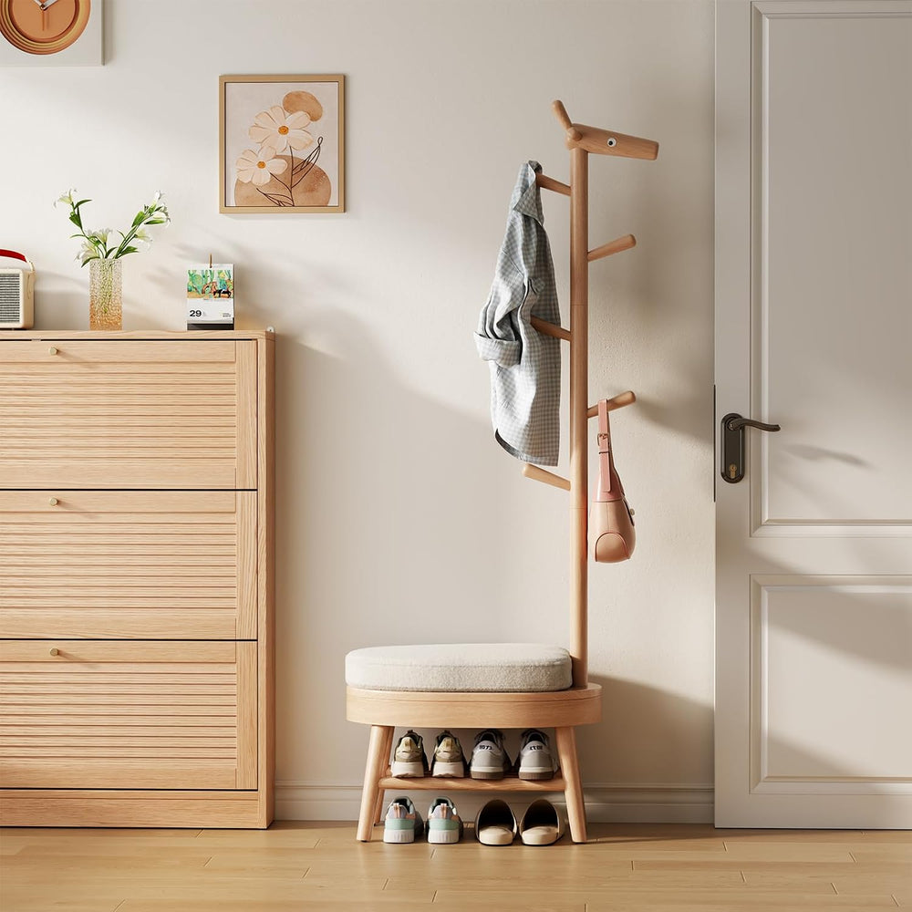AQIMUELE Entryway Shoe Rack with Coat Rack, Wooden Shoe Bench with Upholstere...