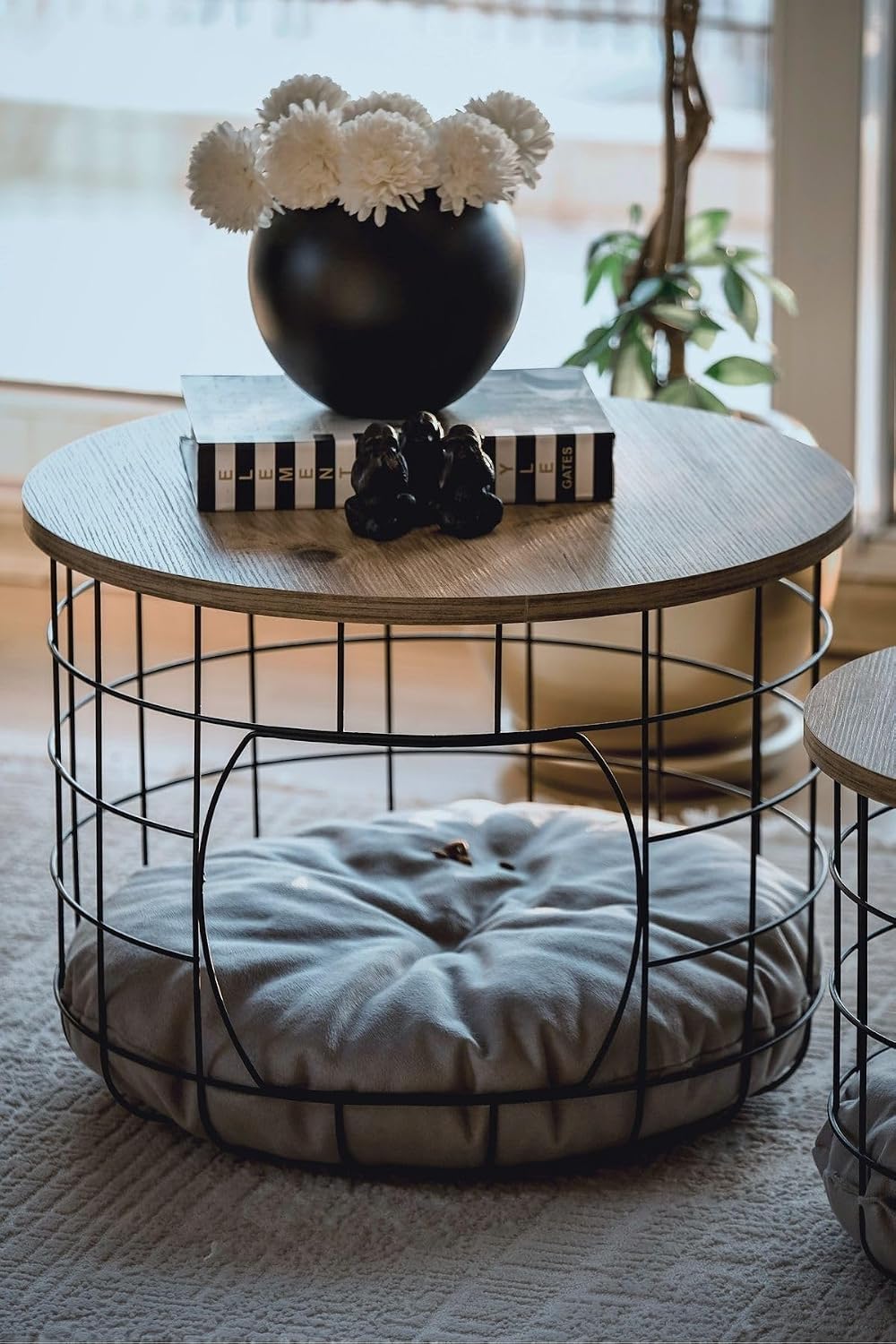 2-Piece Nesting Side Table Set with Cushions Scandinavian Style Round MDF and...