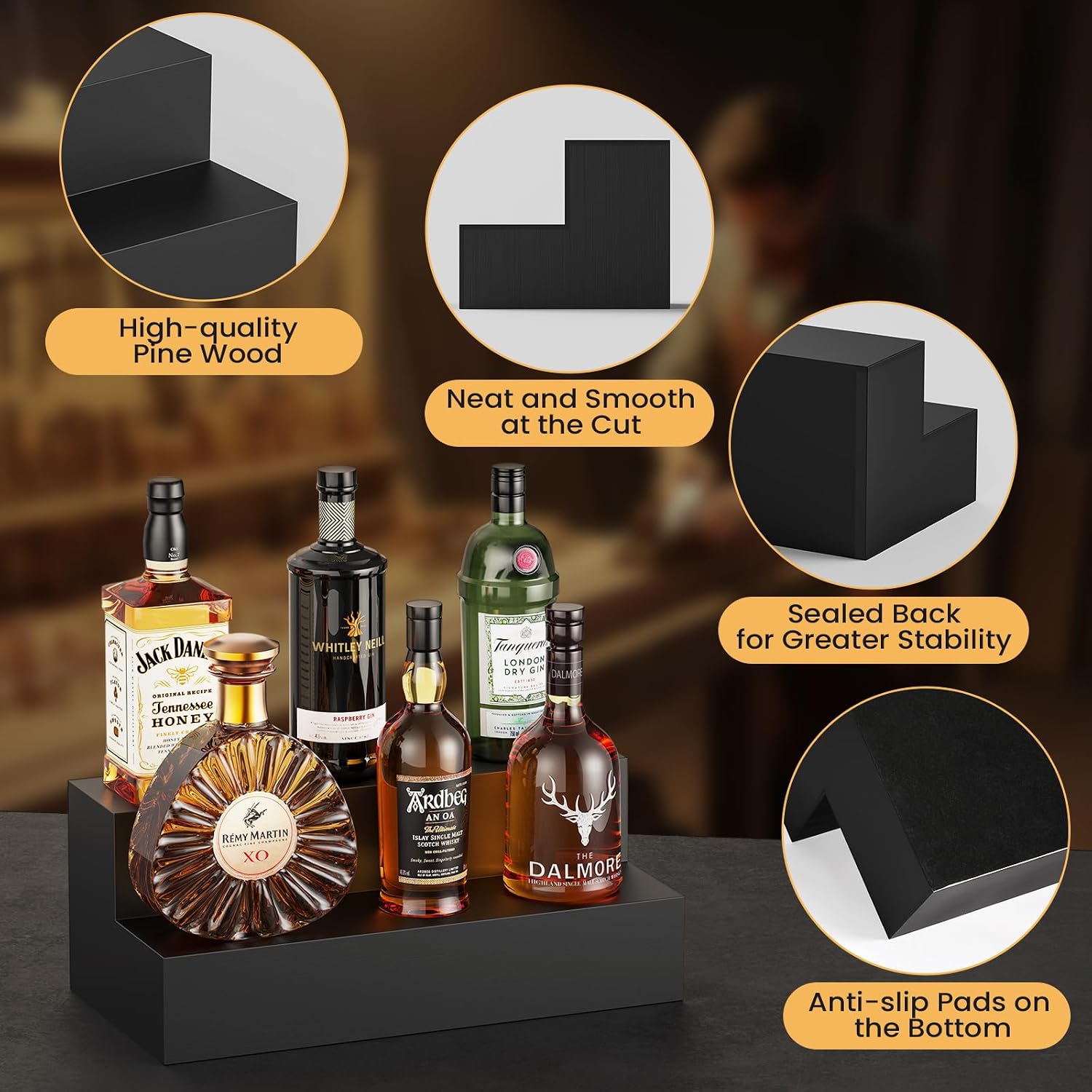 B4Life 2 Tier Liquor Bottle Display Shelf, Bar Bourbon Shelf for Whiskey, Wine Countertop Whiskey Rack Stand, Space-Saving Small Liquor Cabinet for Home, Bar, Party (Wood Bar Shelf Black-1)