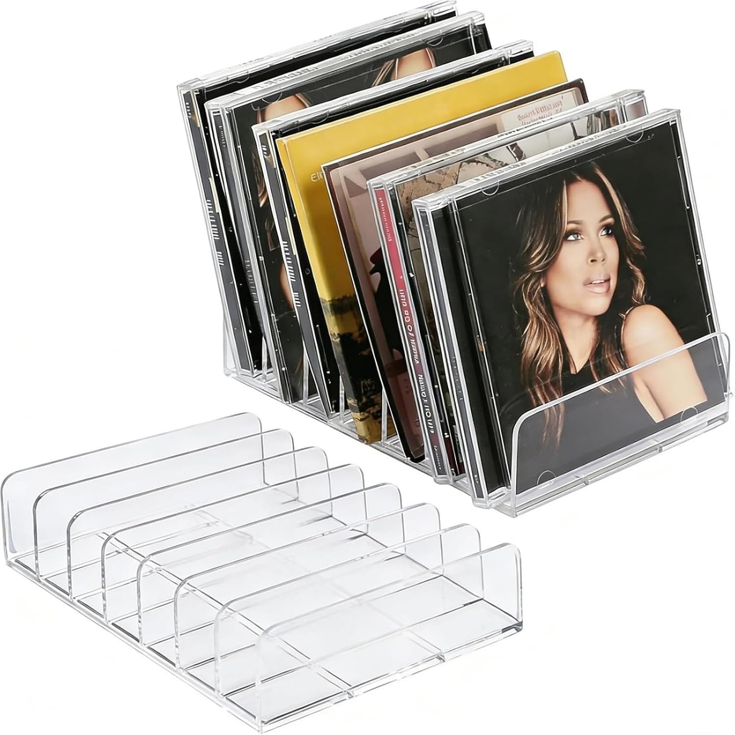 2 Pack Clear Acrylic CD Holder: DVD and CD Storage Box - CD Display Rack CD Organizer - Vinyl Record Storage Holds up to 14 Standard CD Cases for Media Shelf Storage and Organization