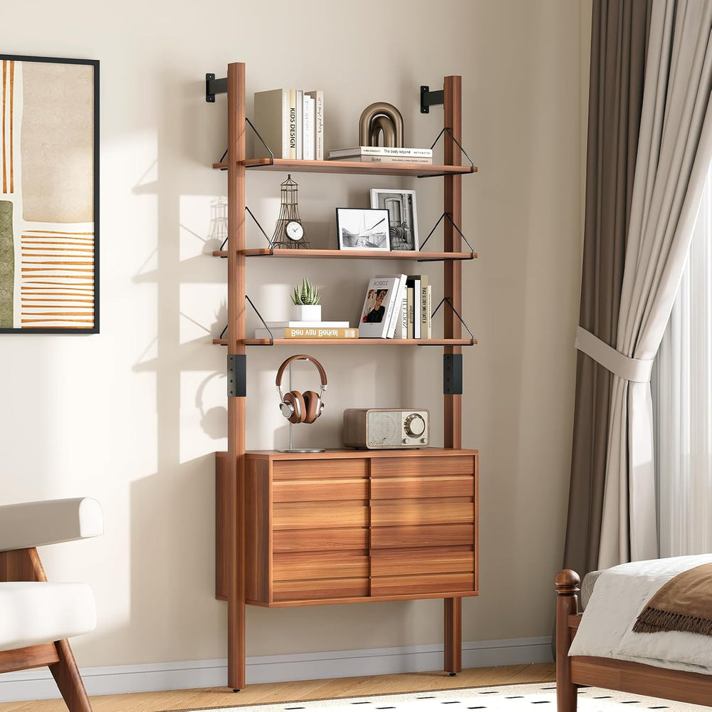 JOINICE 6 Tier Ladder Bookshelf with Storage Cabinet for Living Room,Cherry