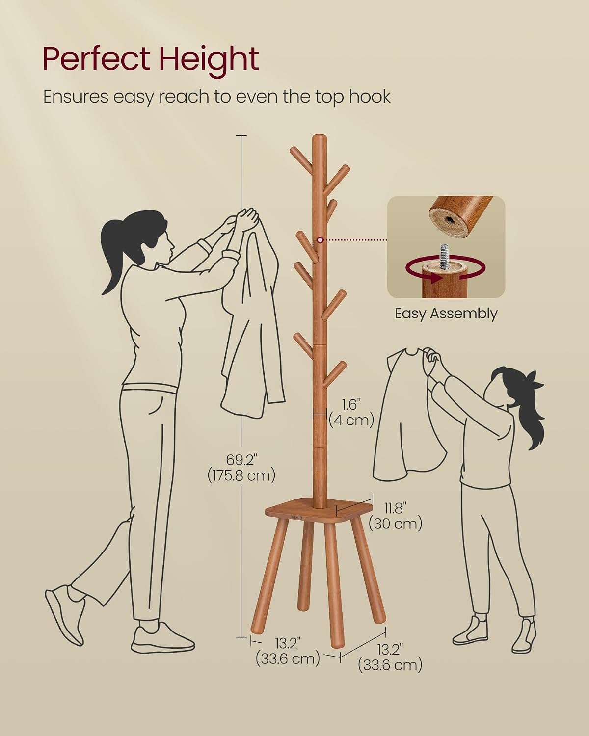 VASAGLE Coat Rack, Free Standing Coat Stand, Hall Coat Tree with 8 Hooks and Storage Shelf, 69.2 Inch Tall, for Coats, Hats, Bags, for Entryway, Hallway, Bedroom, Caramel Brown URCR033K01