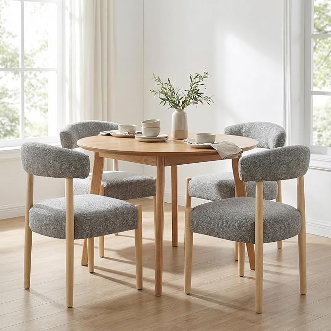 VKNOW Wooden Dining Chairs Set of 4, Modern Upholstered Dining Room Chairs with Rubberwood Legs and Curved Backrest, Fabric Kitchen Chairs for Farmhouse/Living Room/Dining Room, Gray