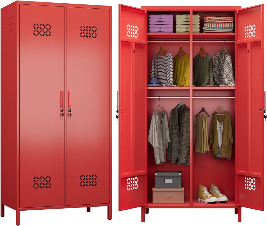 71”H Metal Wardrobe Closet with 4 Adjustable Shelves,Metal Storage Armoire Cabinet with Locks and 2 Hanging Rod for Bedroom,Home, Assembly Required, Red