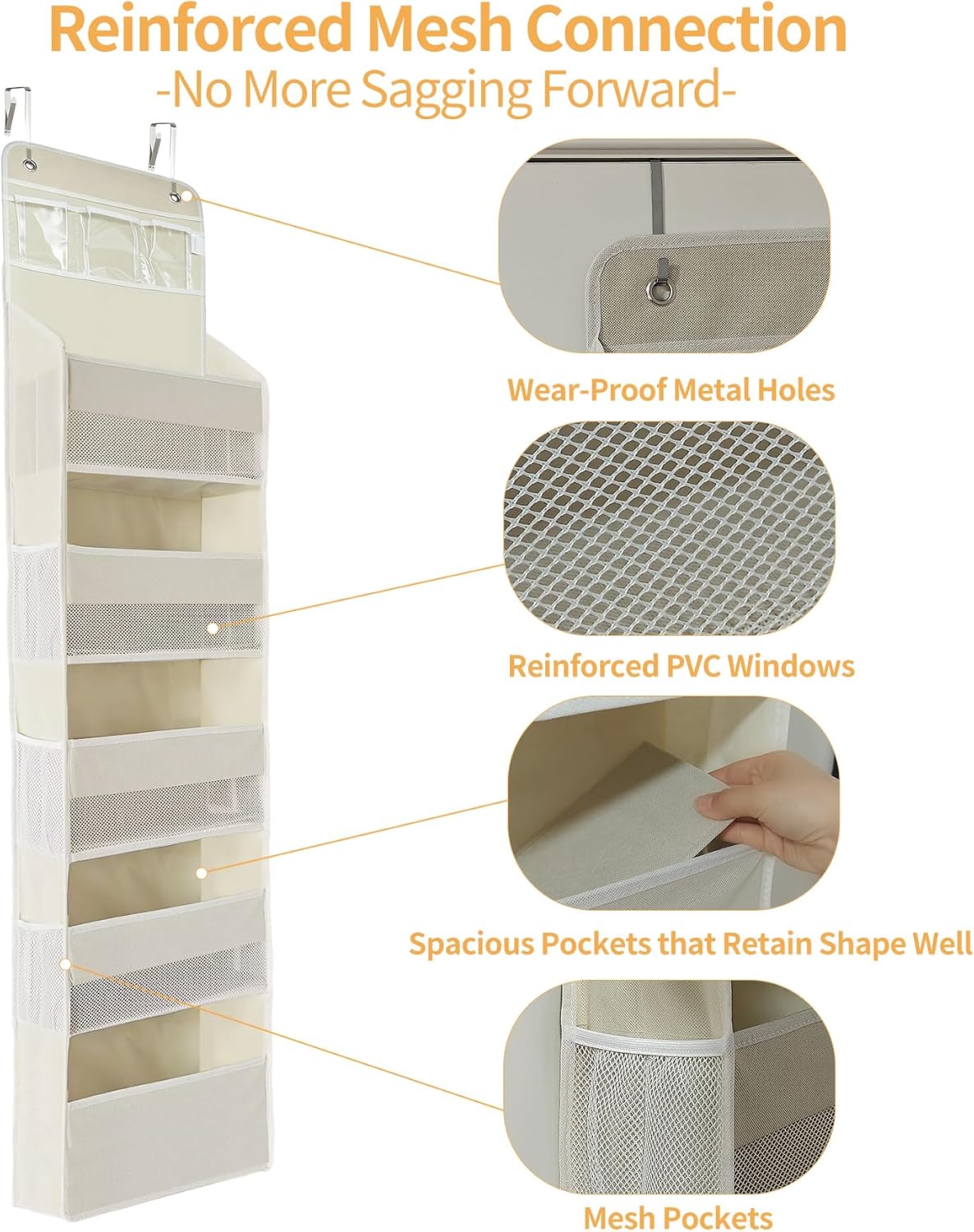 Over the Door Organizer, Door Storage Organizer with Large Capacity Pockets, Hanging Shelves for Bedroom, Closet, Dorm, Pantry (Beige, 5-Tier)