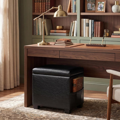 16" Faux Leather Storage Ottoman Foot Rest Stool with Wooden Tray, Footstool with Side Pocket & Wooden Legs, Small Space Coffee Table & Seat for Living Room, Bedroom, Dark Brown, Black