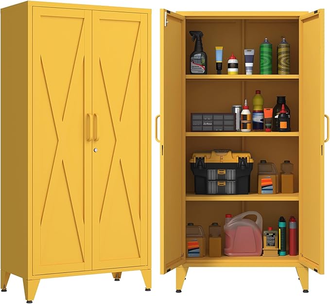 Heavy Duty 61" Lockable Pantry Cabinet, 2-Door 4-Tier Storage Cabinet with 3 Adjustable Shelves, Yellow Metal Kitchen Cabinet for Kitchen, Living Room, School Tool Storage, 61"H X 27.6"W X 13.8"D