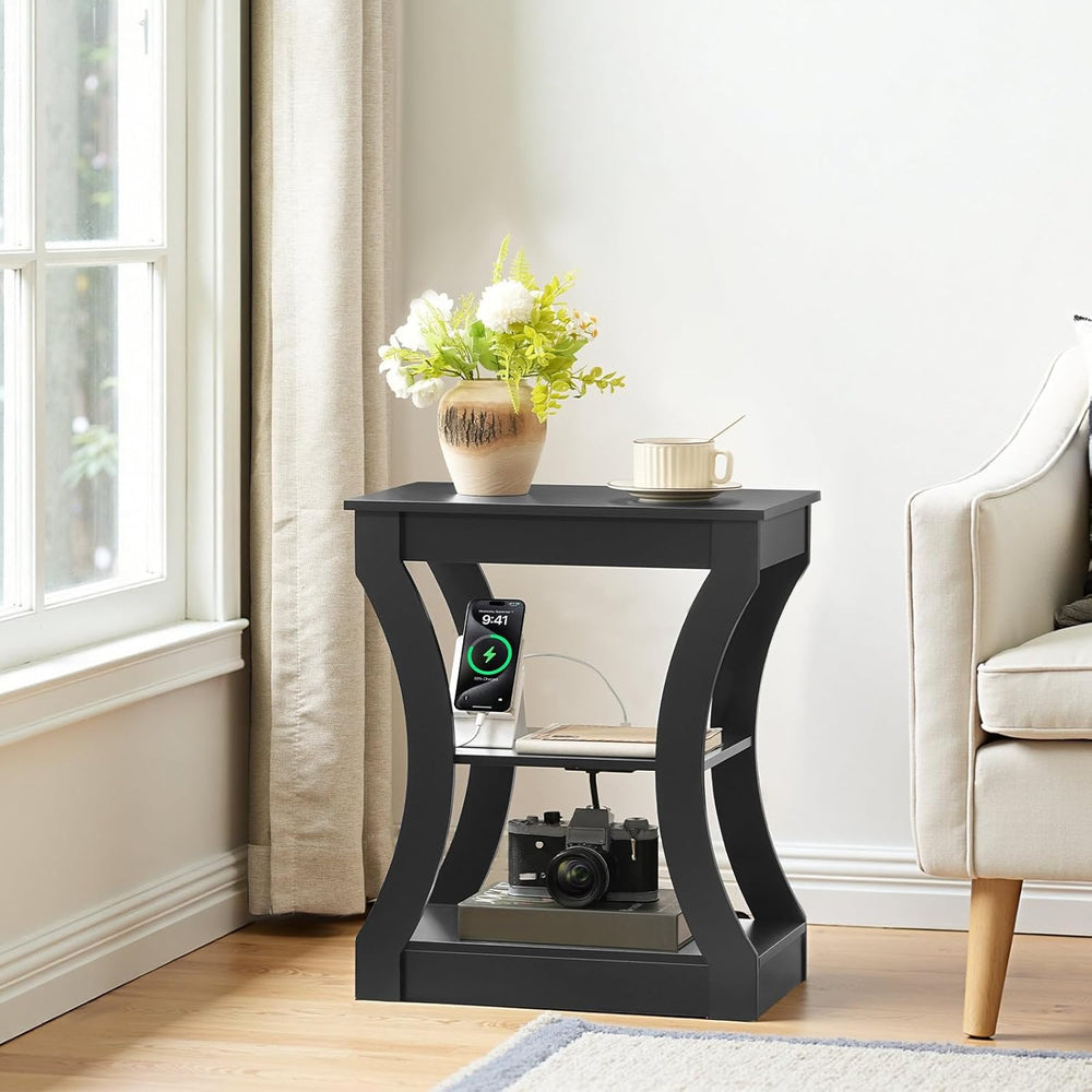 MAHANCRIS Black End Table with Charging Station, Skinny Side Table with USB P...