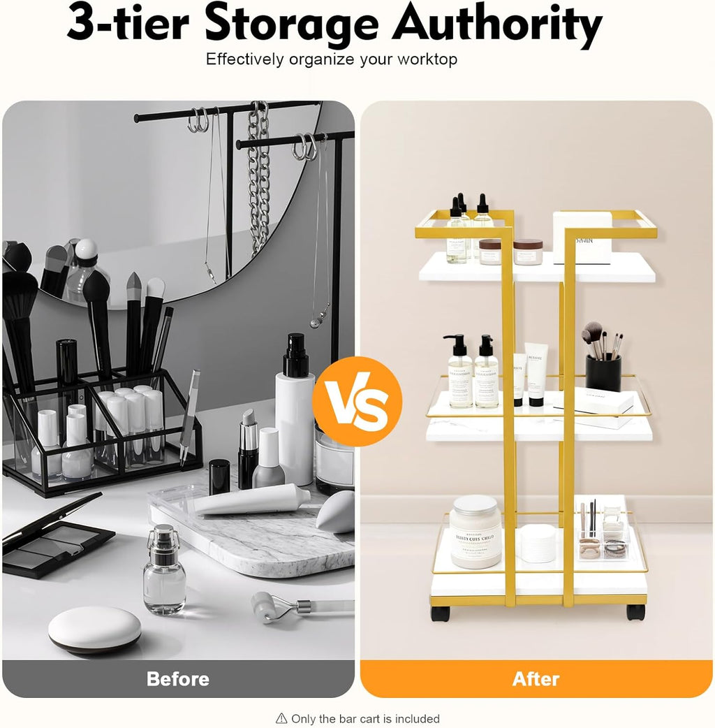 Multi Purpose Utility Cart, Storage Rolling Barber Cart with Wheels & Guardrail, Utility Manicure Trolley with 3-Tier Mobile Storage, Heavy Duty Trolley for Kitchen Living Room Studio