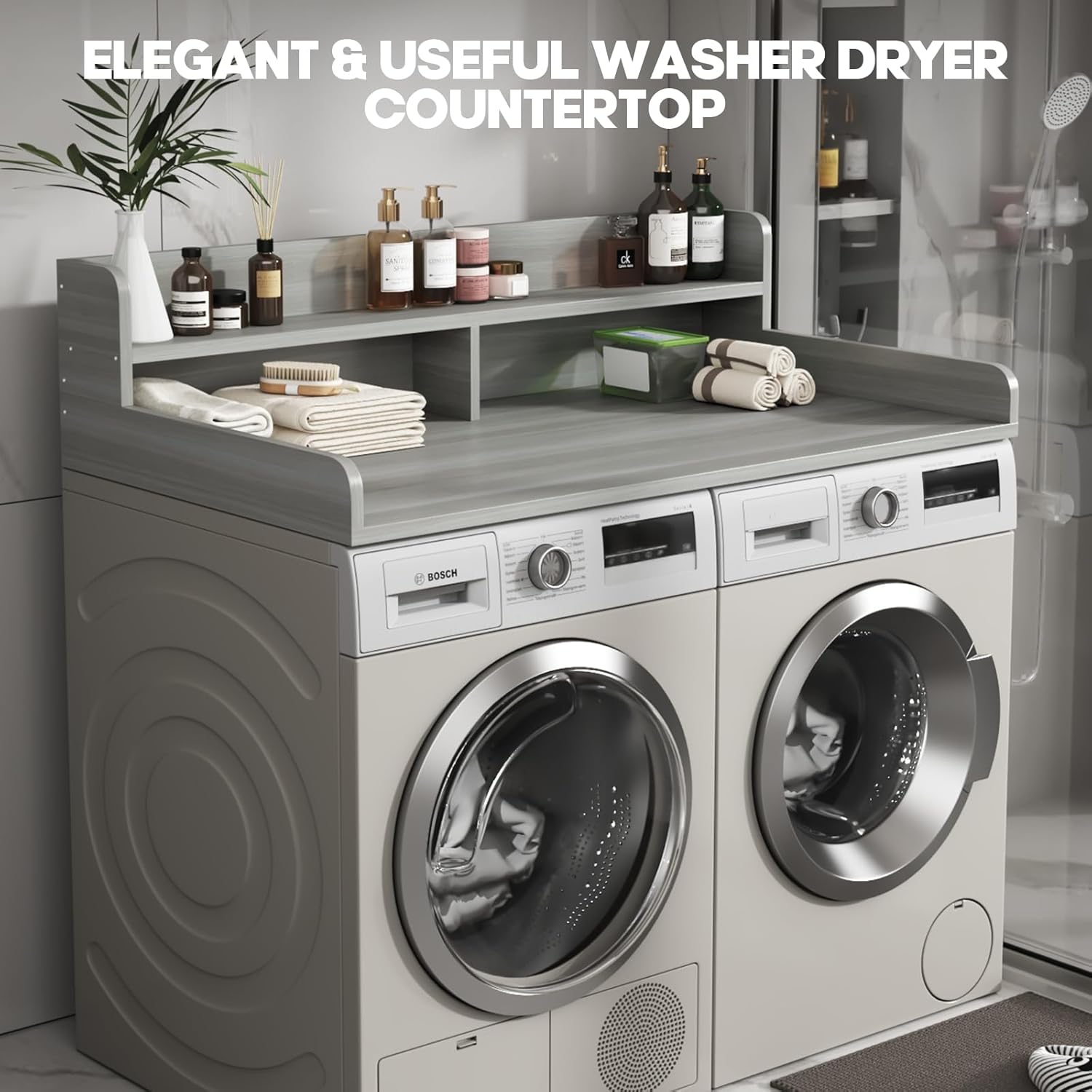 2-Tier Washer And Dryer Countertop With 2.75"H Guard,54"W x 27.5"D Laundry Countertop Cover With Non-Slip Pad,Large Space Laundry Topper For Folding Clothes Over Washer And Dryer-Stripe Gray