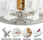 Modern Luxury Round Glass Dining Set for 6, 7 Pieces Clear Circle Glass Kitchen Table with Beige Faux Leather Chairs Set, 47'' Minimalist Circular Dinner Room Set, for Large Place (Silver)