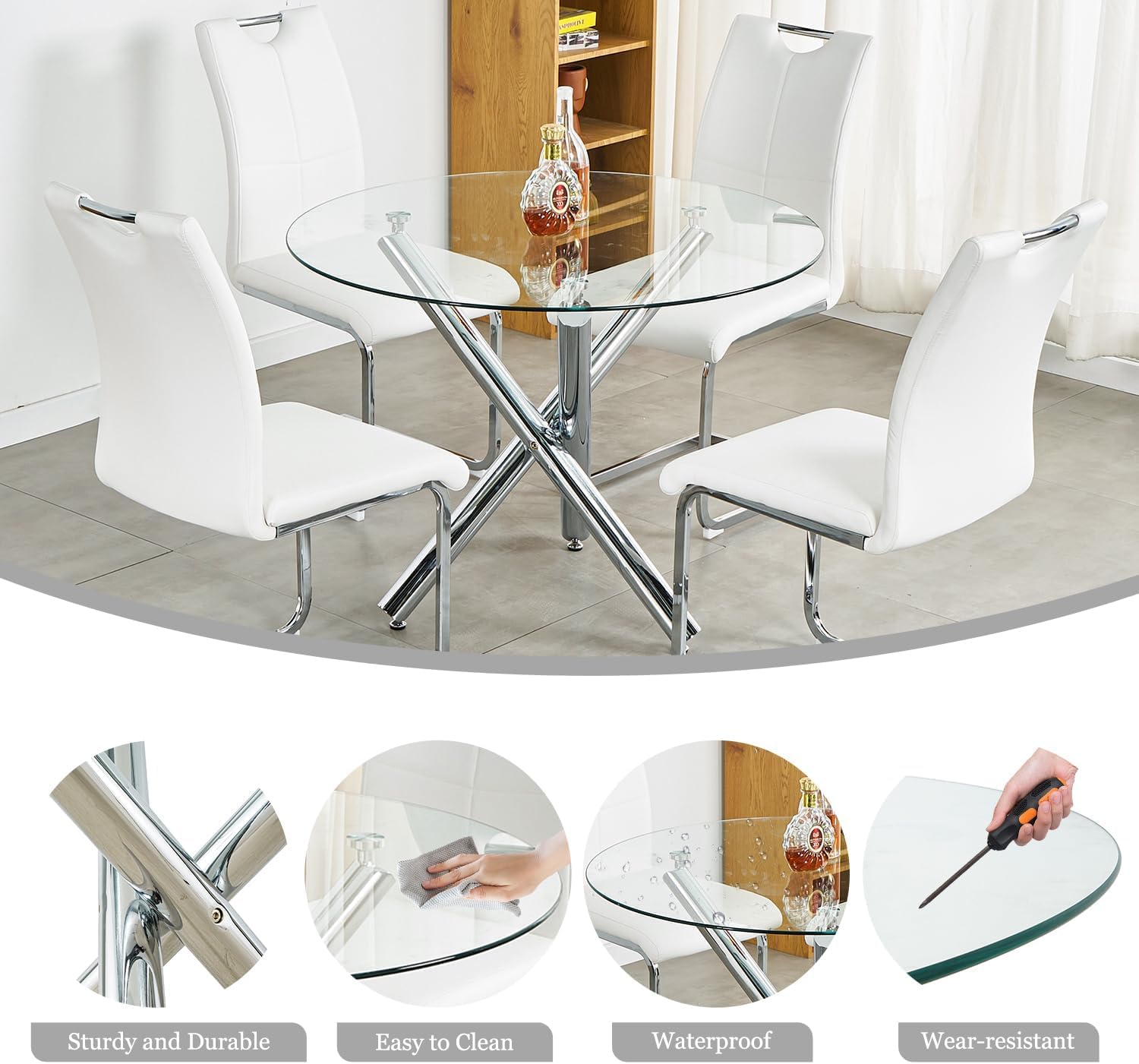 Modern Luxury Round Glass Dining Set for 6, 7 Pieces Clear Circle Glass Kitchen Table with Beige Faux Leather Chairs Set, 47'' Minimalist Circular Dinner Room Set, for Large Place (Silver)