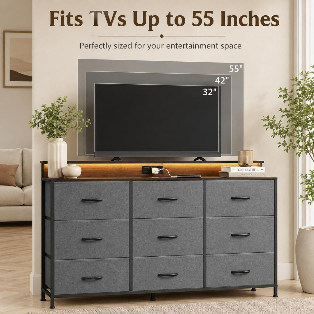WLIVE Grey Dresser TV Stand for 45, 50, 55 inch TV, Entertainment Center with LED Lights & Charging Station, TV Media Console Table with 9 Fabric Drawers and Open Shelves for Living Room, Dark Grey