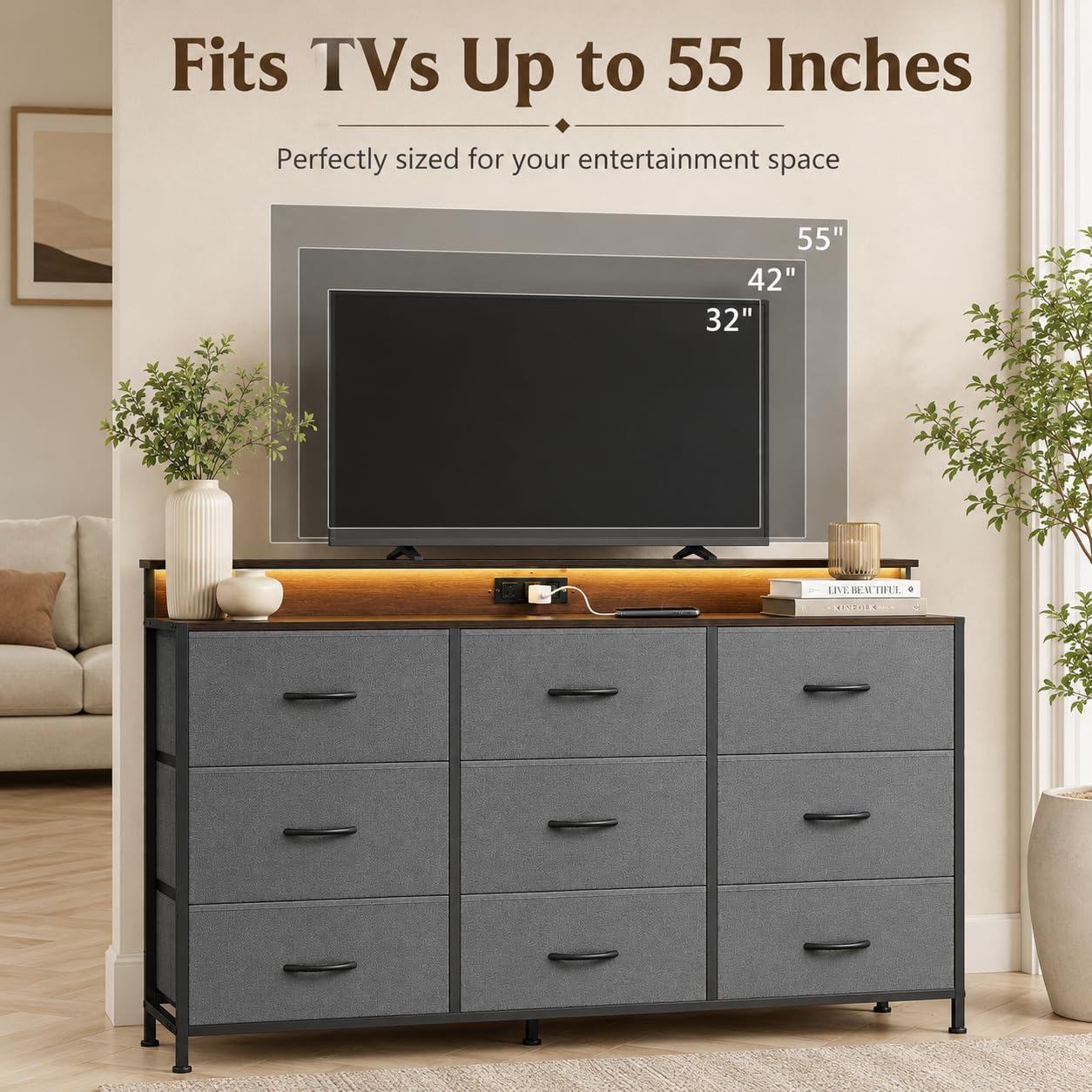 WLIVE Grey Dresser TV Stand for 45, 50, 55 inch TV, Entertainment Center with LED Lights & Charging Station, TV Media Console Table with 9 Fabric Drawers and Open Shelves for Living Room, Dark Grey