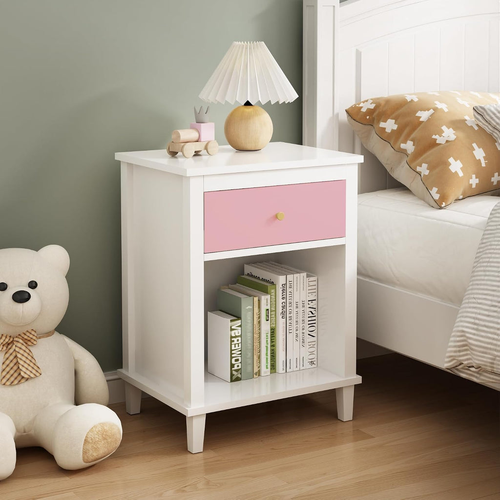 Nightstand with One Drawer & Open Storage Shelf, Modern Wooden Bedside Table for Kids, 26.77''H End Table for Living Room, Bedroom, Toddler Nightstand for Boys and Girls, White+Pink