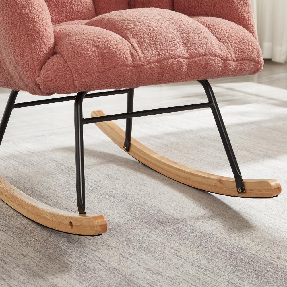 Tufted Upholstered Teddy Fabric Glider Rocking Chair with Metal Frame, Ergono...