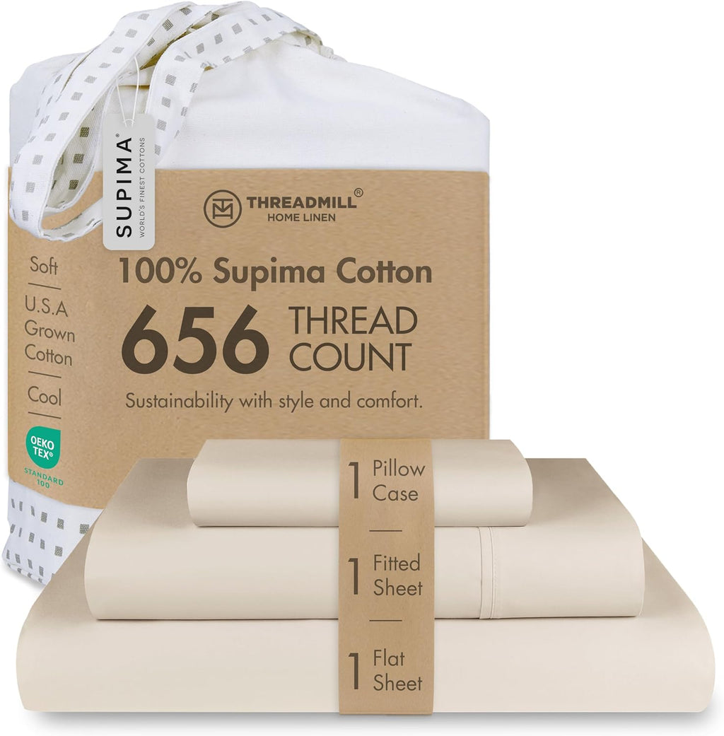 Threadmill Twin Sheet Set |656 Thread Count 100% Supima Cotton Sheets for Twin Mattress | Solid Sateen Twin Bed Sheets Set | 16” Deep Pocket | Soft Breathable 3-Piece Cooling Sheet Set | Beige Sheets