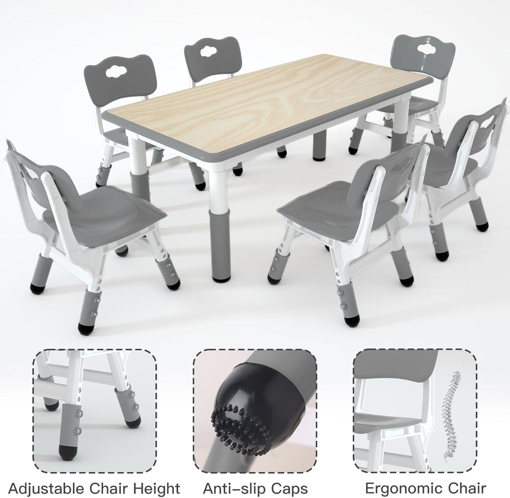 LulliSpace Kids Table and 6 Chairs Set，Height Adjustable Children Table & Chair，Toddlers Study Multi-Activity Table with 47.2"x23.6" Wipe-Clean Desktop，for Classrooms, Homes & Daycares