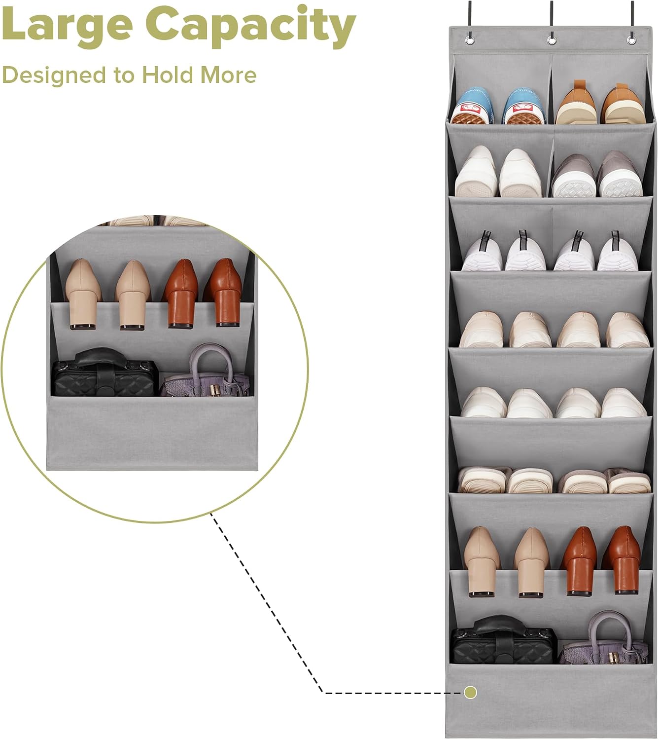 6 Pack Shoe Organizer with 6 Extra Large Pockets and 4 Large Pocket, Over the Door Sturdy Closet Storage Rack, Hanging Shoe Organizer for Shoes, Sneakers, Grey