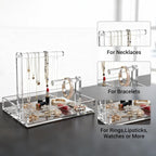 LUGUNU 2-Tier Bracelet Holder & Necklace Display Stand with Removable Trays, Acrylic Jewelry Organizers and Storage Box for Earrings, Rings, Watches, Vanity Tray for Dresser Countertop