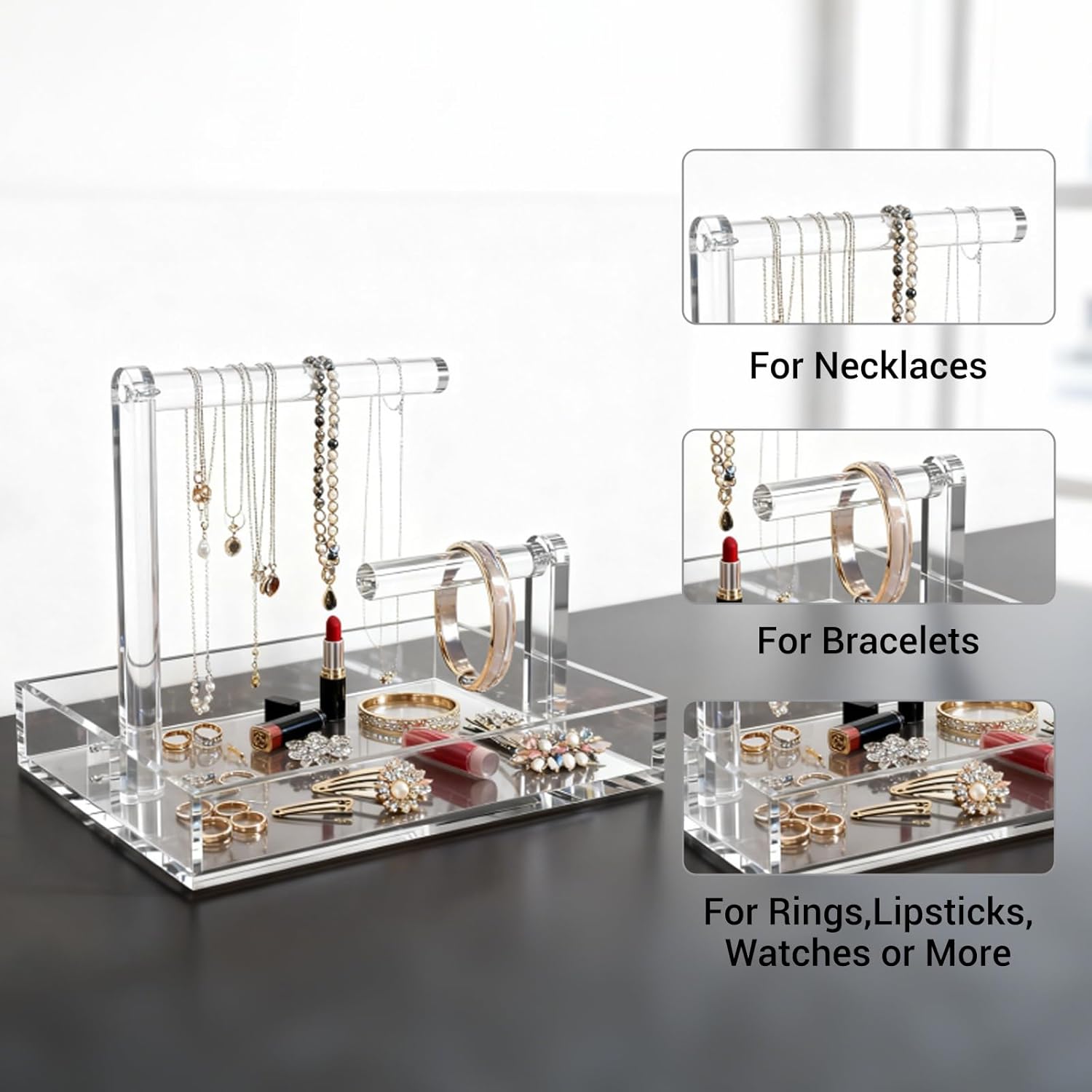 LUGUNU 2-Tier Bracelet Holder & Necklace Display Stand with Removable Trays, Acrylic Jewelry Organizers and Storage Box for Earrings, Rings, Watches, Vanity Tray for Dresser Countertop