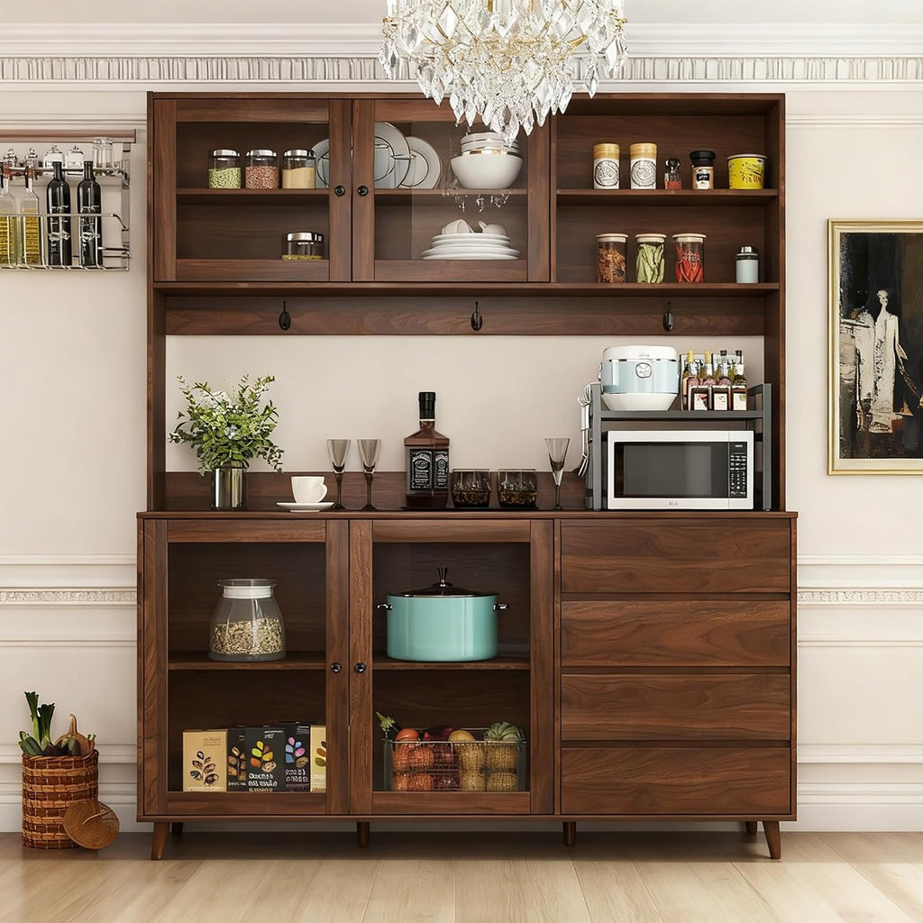 74.8" Tall Farmhouse Pantry Storage Cabinet, Large Kitchen Hutch Cabinet with Microwave Shelf, Farmhouse Kitchen Pantries Cupboard with 4 Doors, 4 Drawers for Living Room, Kitchen Dining Room, Walnut