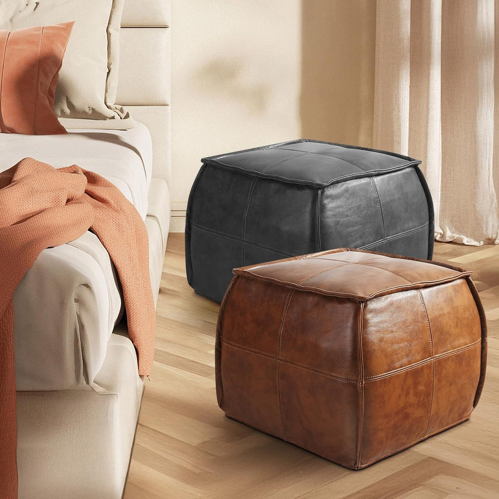 Leather Ottoman,Handmade Stuffed Square Ottoman,Genuine Leather Pouf, Foot Re...