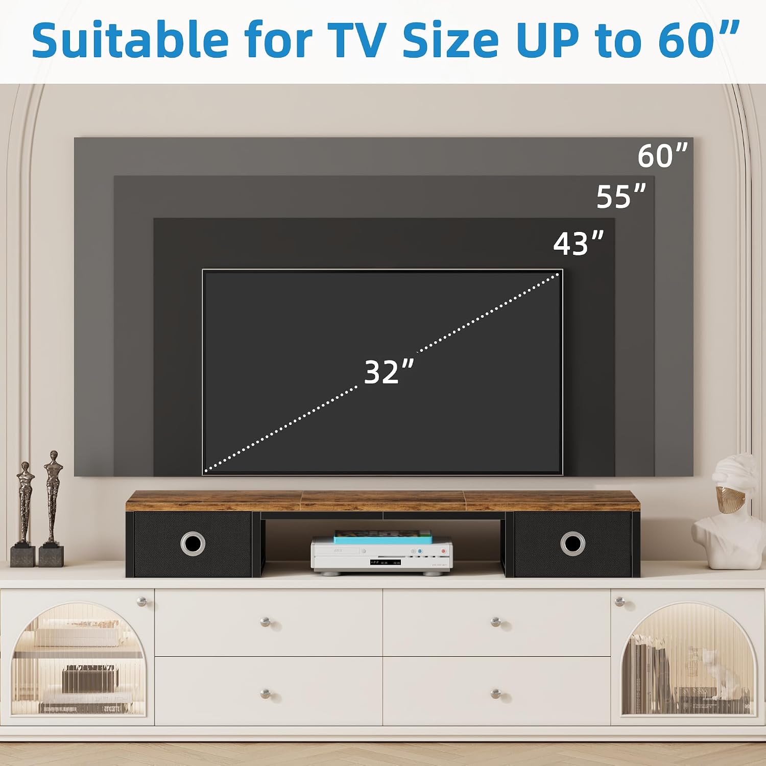 YAOHUOO 45" Large TV Riser with Fabric Drawers for 32-60 inch TV | TV Stand Riser with Steel Legs, Tabletop TV Riser Shelf, Monitor Stand Riser for Home Office,Rustic Brown