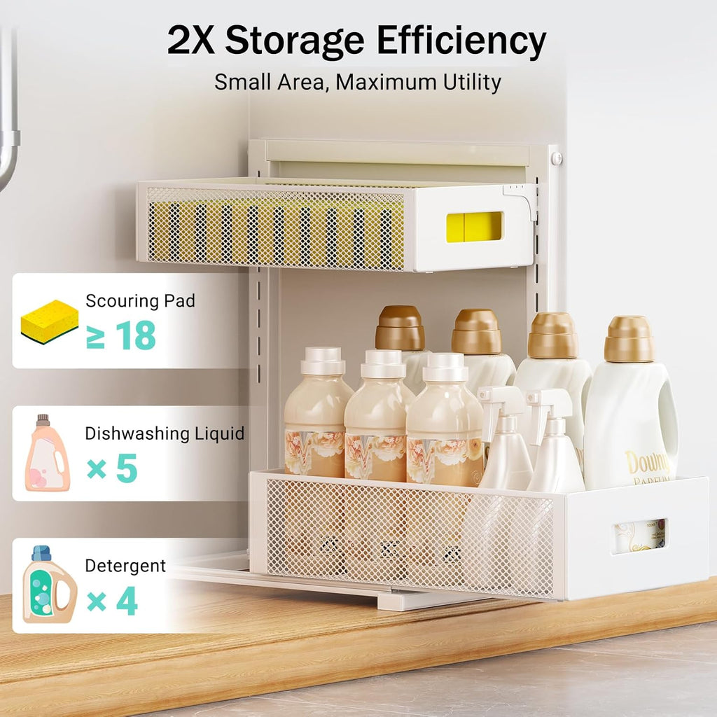Under Sink Organizer Adjustable Height 2 Tier Bathroom Organizer Pull Out Cabinet Organer kitchen organizers and storage fridge organizers and storage,White,XL-1 Pack
