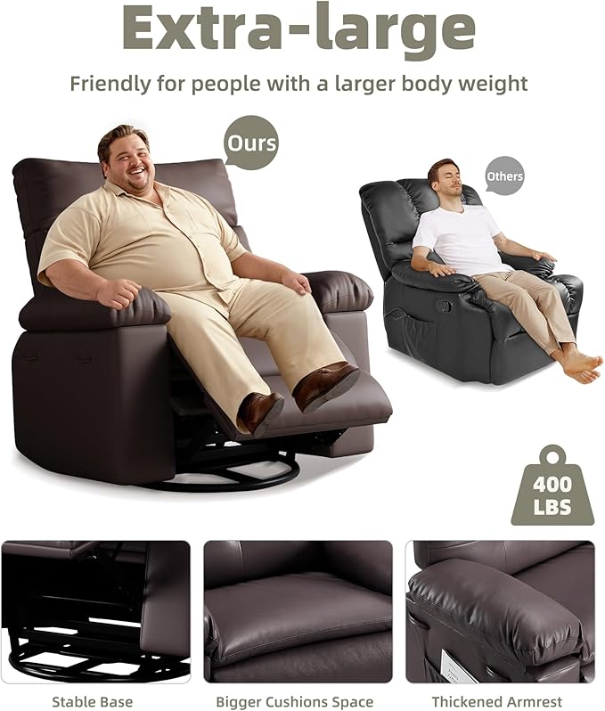 GarveeHome Oversized Wide Rocker Swivel Recliner Chair - PU Leather Manual Recliner for Adults, Large Nursery Chair Lazy Recliner with Comfort Arm and Back for Living Room, Bedroom