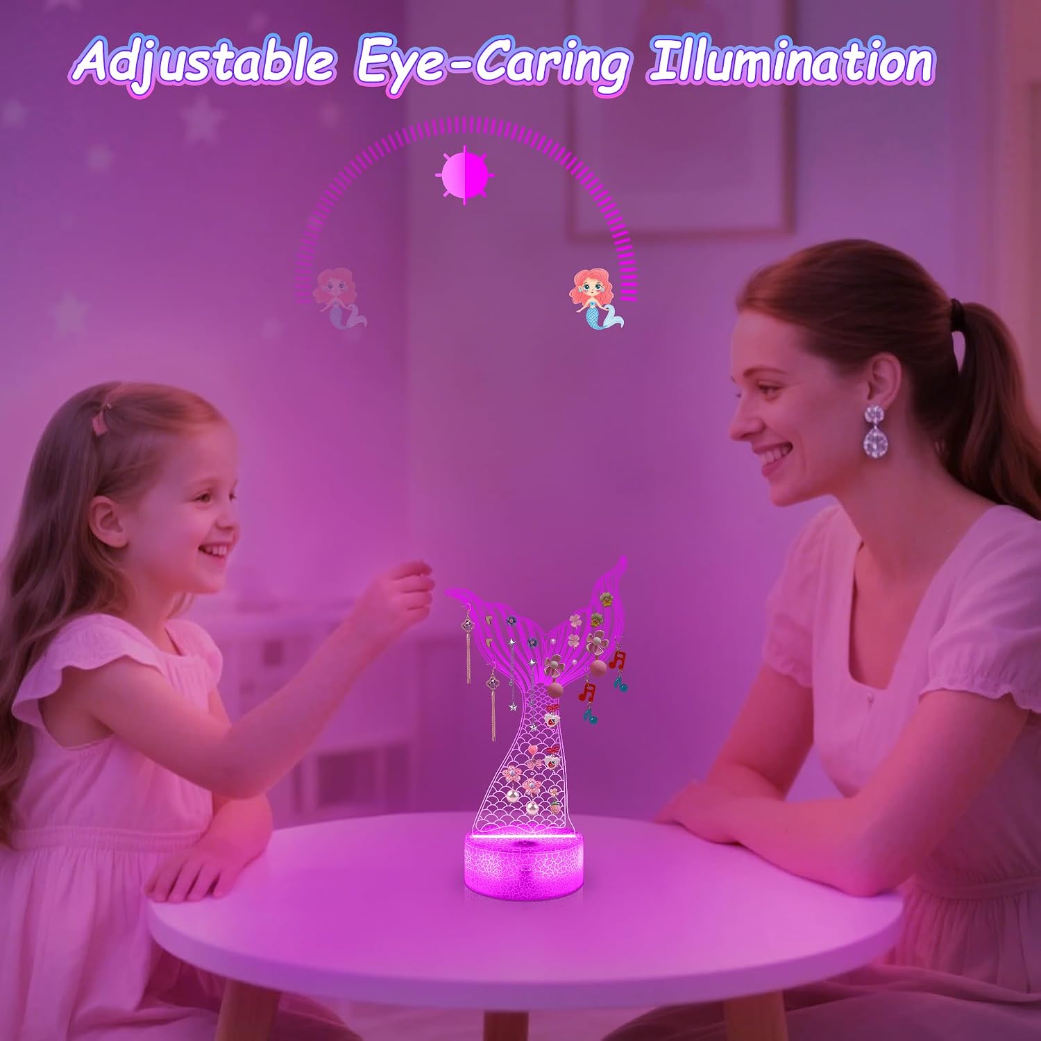 CoolGift Mart 3D Glowing Acrylic Mermaid Earring Organizer - 16-Color LED Display with 33 Earring Holes & Smart Mood Lighting with Timer