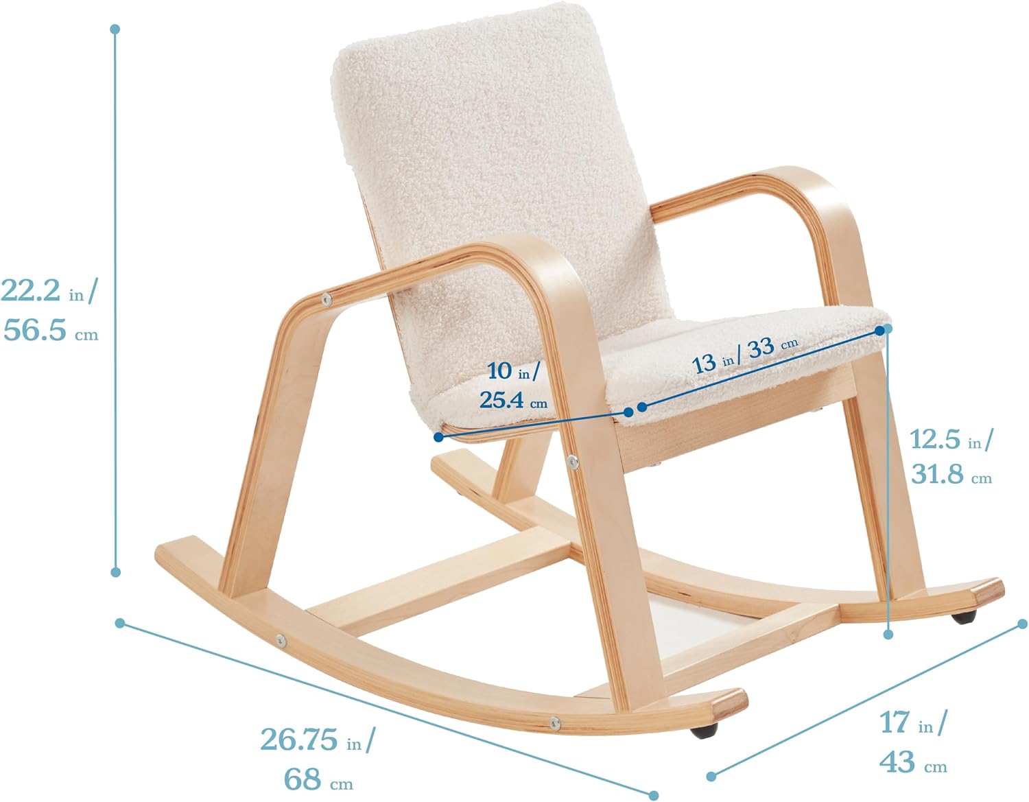 ECR4Kids Bentwood Rocking Chair with Armrests and Cushion, Natural | Durable birch, GREENGUARD Gold Certified, 2-5 years, 74 lb capacity, Montessori seating, plush sherpa cushion, classroom/home