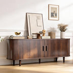 58" Mid Century Modern TV Stand, Wood TV Consoles with Sliding Doors and Power Outlet, Entertainment Center with Adjustable Shelves, Fluted TV Stands for Living Room, Walnut