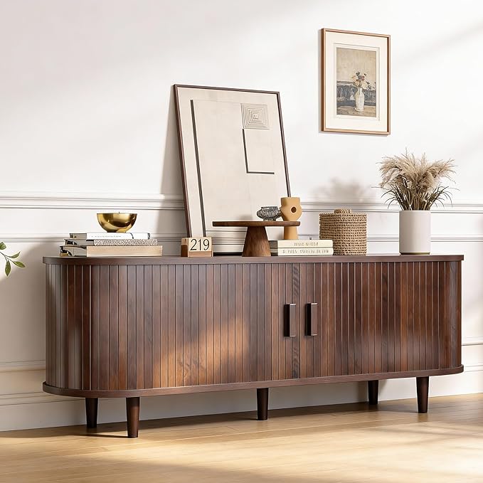 58" Mid Century Modern TV Stand, Wood TV Consoles with Sliding Doors and Power Outlet, Entertainment Center with Adjustable Shelves, Fluted TV Stands for Living Room, Walnut