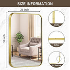 Matte Gold Mirror, 26x38 Inch Brushed Gold Mirror, Aluminum Alloy Framed Vanity Mirror, Rounded Rectangle Bathroom Mirror for Over Sink, Anti-Rust Wall Mirror (Horizontally or Vertically)