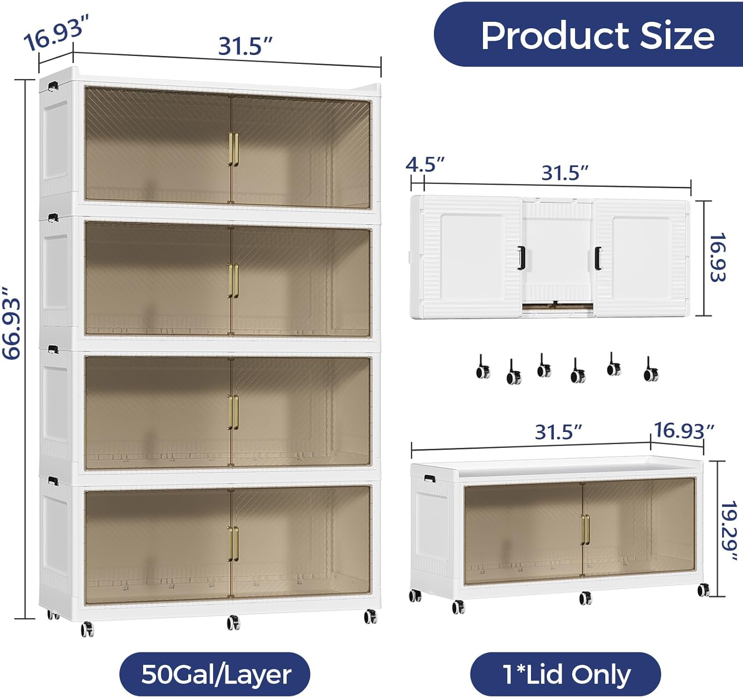 200GAL Extra Large Storage Bins with Lid, 800QT Collapsible Organizer with Wheels, Stackable Closet Cabinet with Doors, Folding Storage Containers for Home, Office, Kitchen, 4Pack White