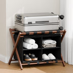 Bamboo Luggage Rack with 4 Storage Compartments, 150 lb Capacity | 600D Water-Resistant Oxford Fabric,Foldable,Space-Saving Design,Stable X-Frame Structure,Natural Bamboo, Strong and Durable