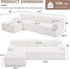 107" Modular Sectional Cloud Couch, Boneless couches Sponge sectionals for Living Room, High Density Sponges Sofa, Modular L-Shape with Chaise, White