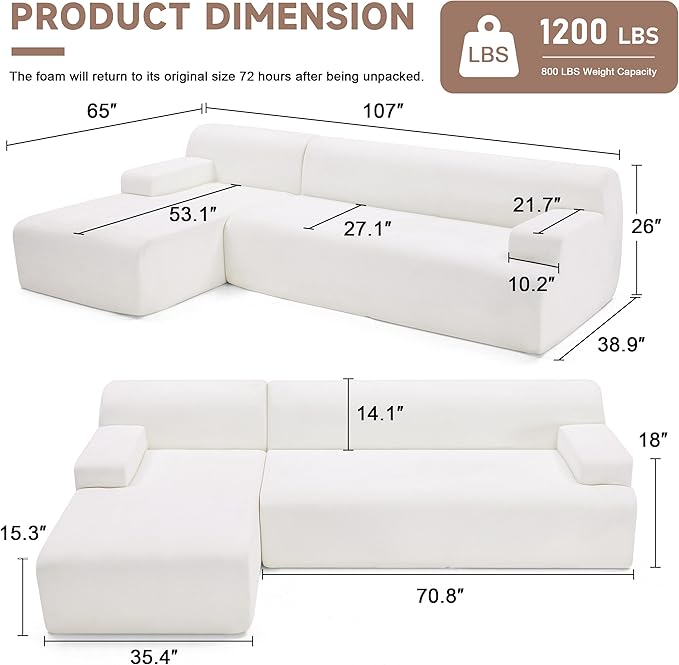 107" Modular Sectional Cloud Couch, Boneless couches Sponge sectionals for Living Room, High Density Sponges Sofa, Modular L-Shape with Chaise, White